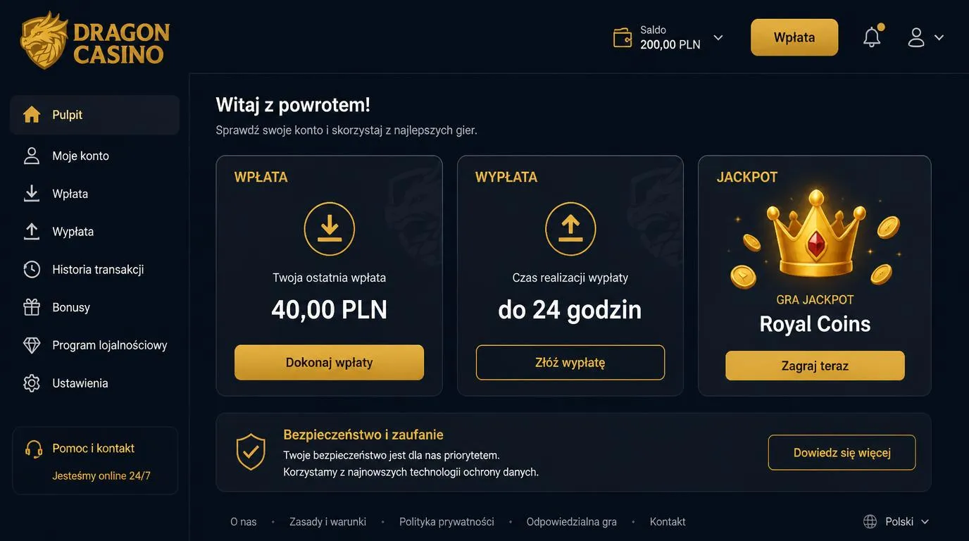 Panel kasyna z wpłatą 40 PLN, wypłatą do 24 godzin i kafelkiem gry jackpotowej