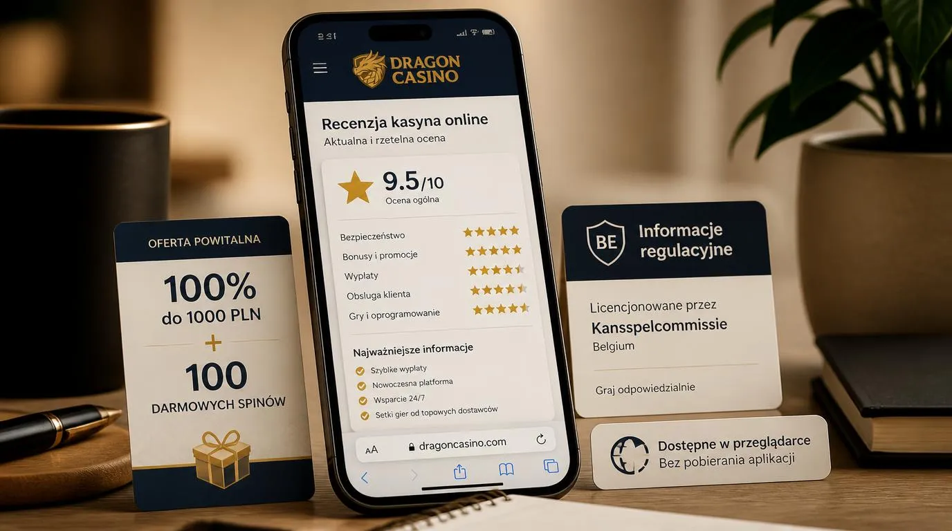 Ekran oceny kasyna na telefonie obok informacji o bonusie i belgijskim organie licencyjnym
